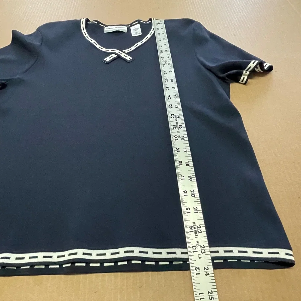 Alfred Dunner Womens Petite XLP Ribbon Trim V Neck Top Navy Blue Nautical Preppy